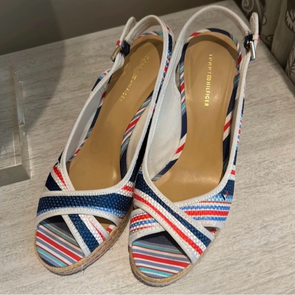 Tommy Hilfiger Striped Espadrille Wedge Sandals | Size 9